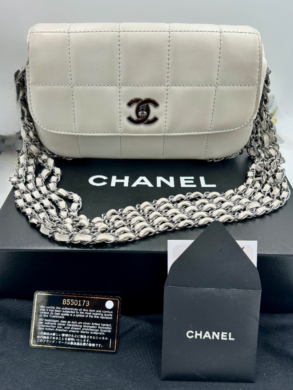 Women’s Chanel Chocolate Bar Multi-Chain Flap Bag. Made in Italy.